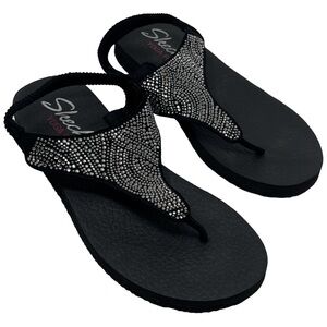 Skechers Meditation Yoga Foam Thong Sandals Black With Rhinestones Women’s 8